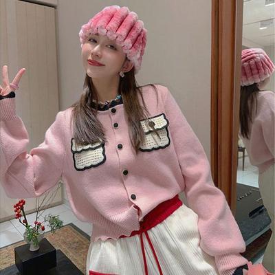 Korean Version of Little Fragrant Pink Knitted Cardigan for Women 2023 Spring New Fashion Loose Lazy Sweater Coat