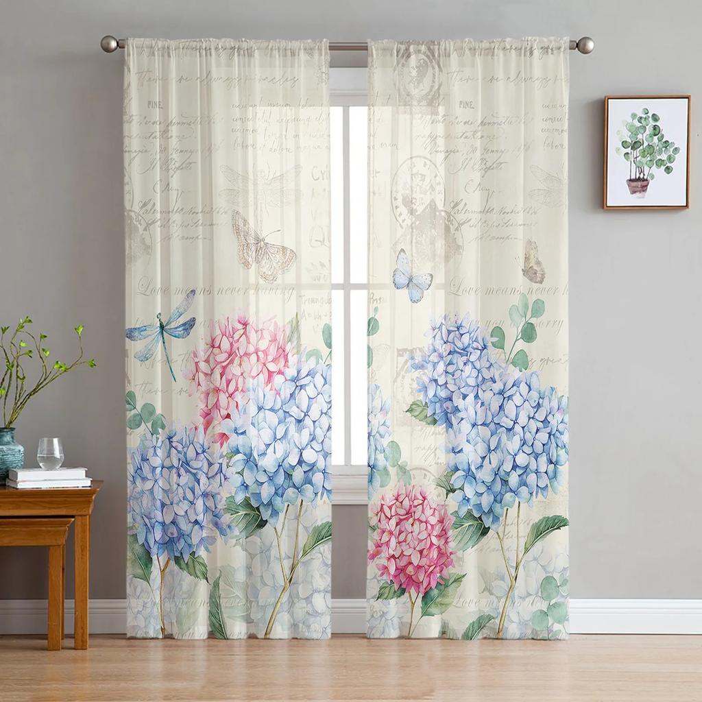 Spring Season Watercolor Flower Leaves Sheer Drapes for Living Room Decoration Window Curtain Kitchen Curtain Panels