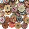 50Pcs Mixed Pattern Vintage Flower Wooden Buttons 20mm Assorted Buttons 2 Holes Sewing Random Flower Painting Buttons