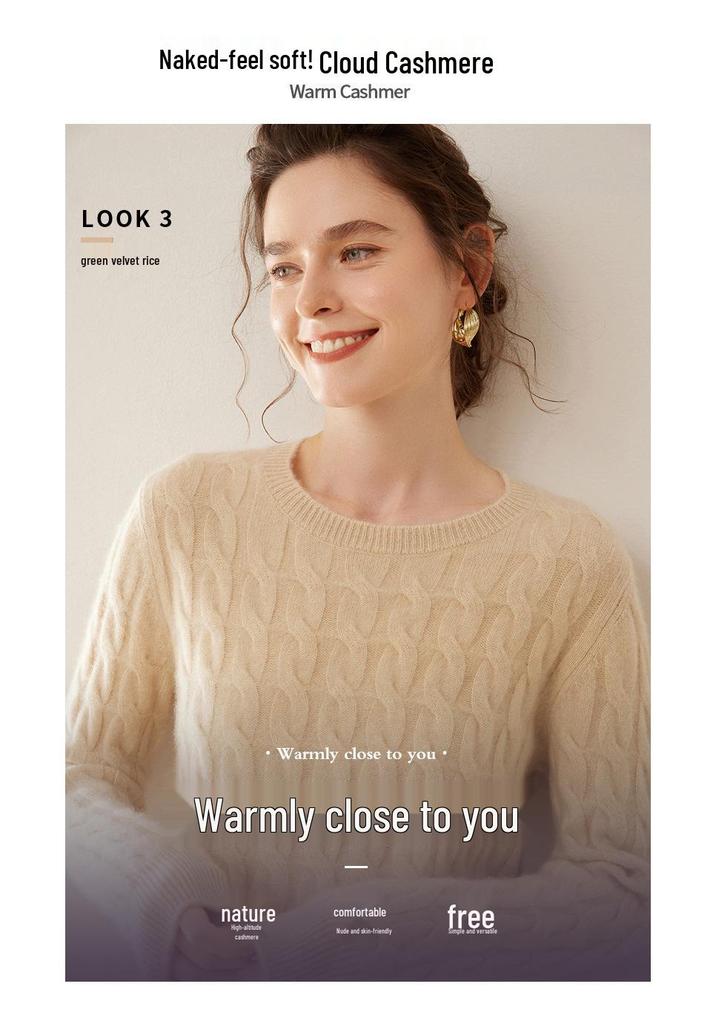 Women's Retro Cable Knit Cashmere Pullover - Soft, Skin-Friendly, Long-Sleeved, Round Neck Base Layer.