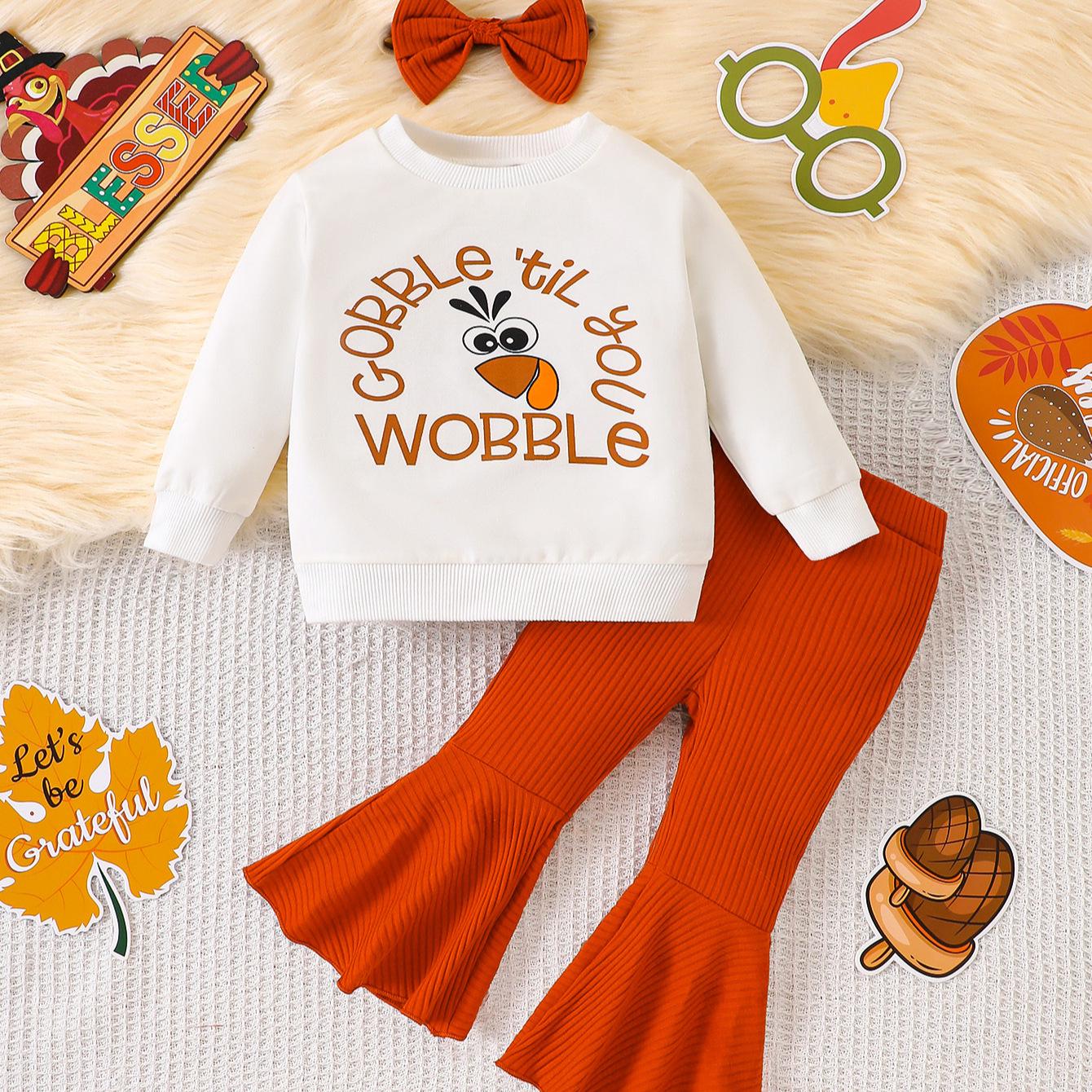 

European and American Girls Thanksgiving Turkey Print Sweatshirt, Ribbed Pants, and Headband Set 100cm белый