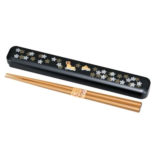 Yamanaka Lacquer Chopsticks and Chopstick Case Set, Rabbit and Cherry Blossom Design, Black, M13188-8