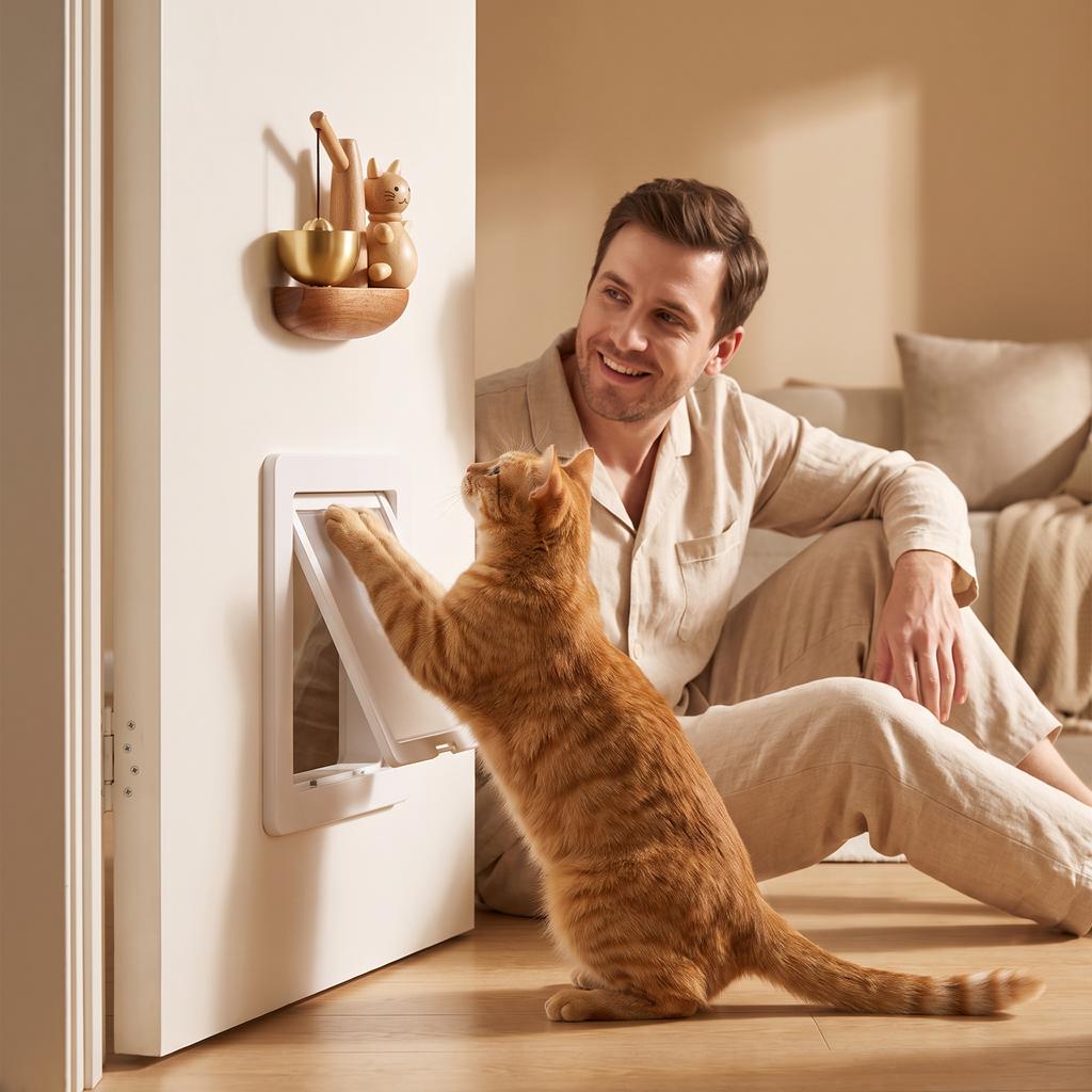 Wind Chime Doorbell-No-Drill Magnetic Door Bell,Brass &Solid Wood Cat Doorbell for Entry Door, Home &Pet Door
