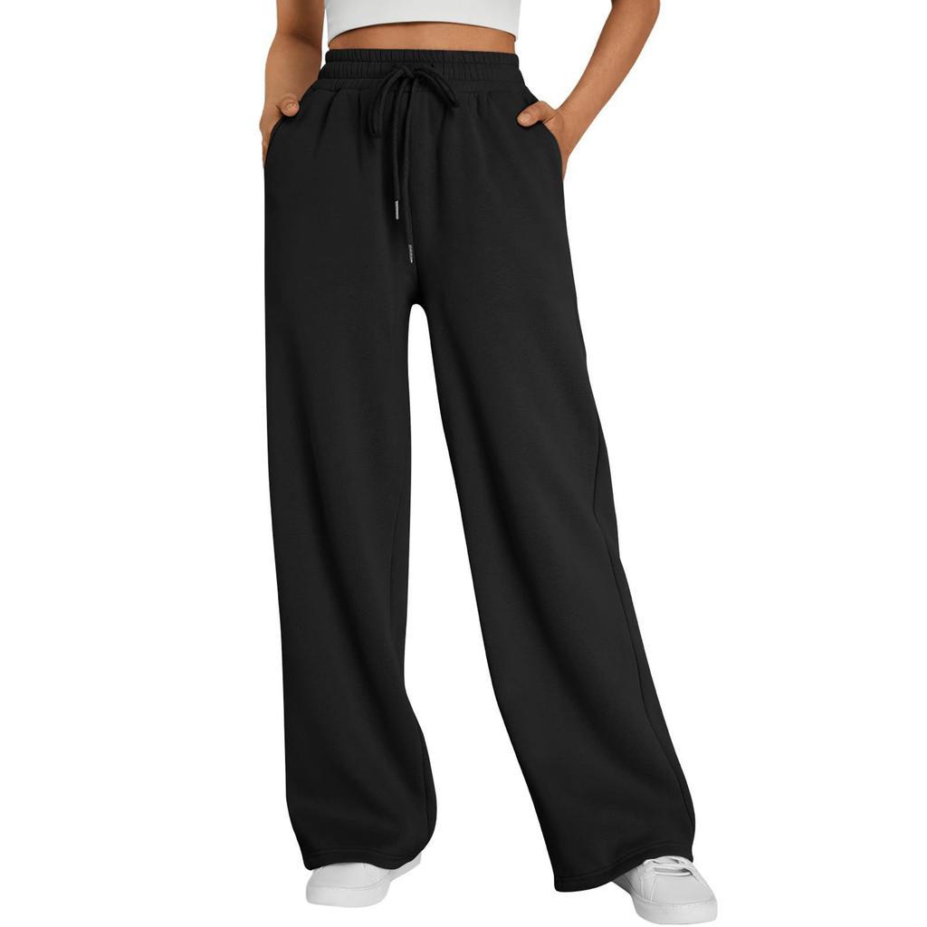 Women's Wide-leg Sports Pants, High-waist Loose Casual Pants, Drawstring Sports Flared Pants, Jogging Pants with Pockets