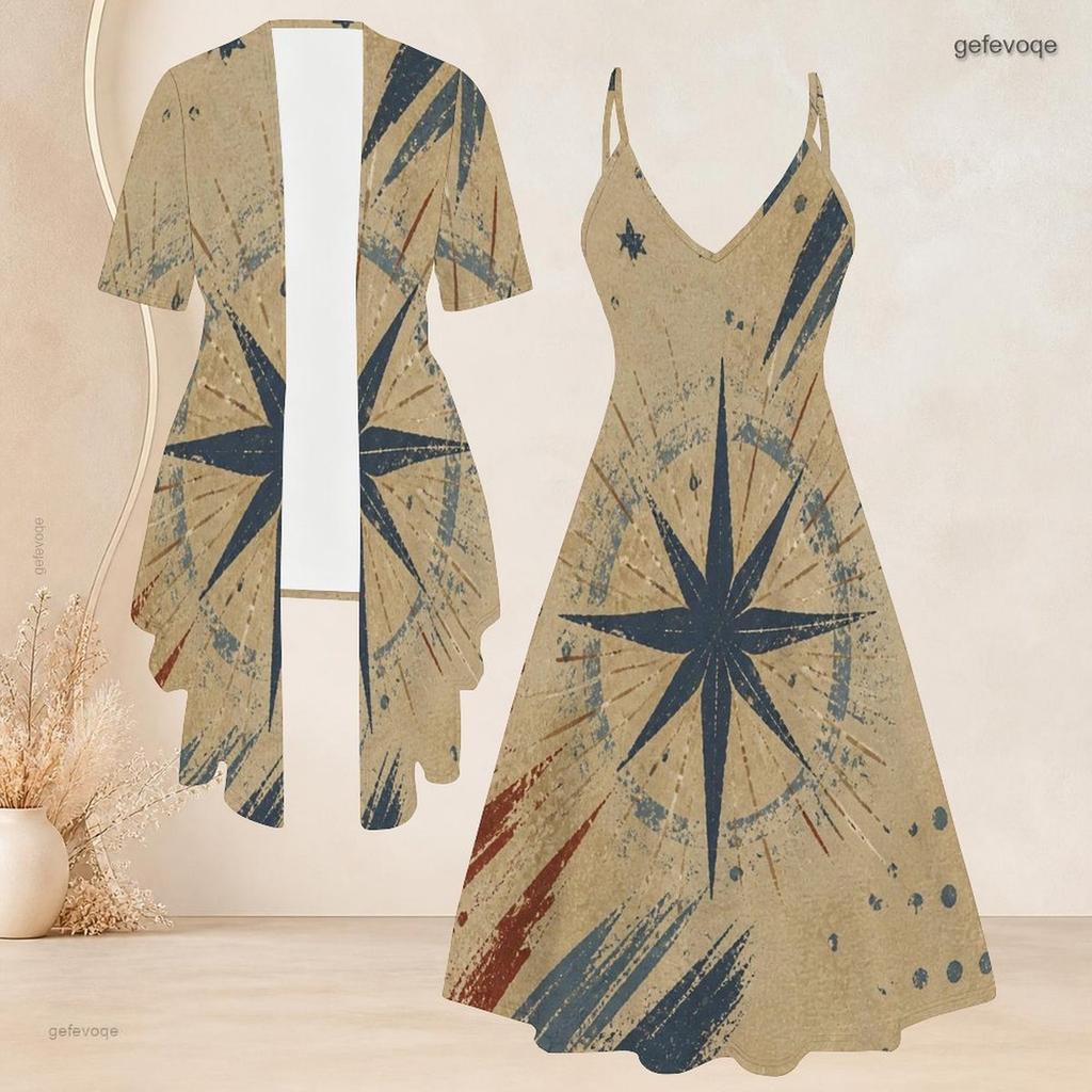 Women Plus Size Two Piece Set Strappy V Neck Flared Dress Short Sleeve Open Cardigan Printed Star Moon Pattern Beige Navy Red