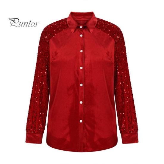 Soft Breathable Shirt Women Button-Down Lapel Long Sleeve Tops Solid Color Glitter Loose Fit Shiny Sequins Velvet Cocktail Party Wear Sweat-absorbent