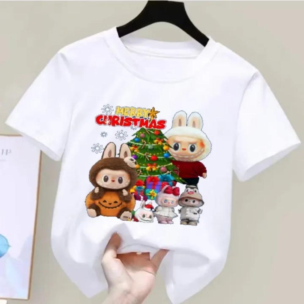 2025 New LABUBU Children's T-shirt Christmas LABUBU Style Round Neck Short Sleeved Casual Girls' Top