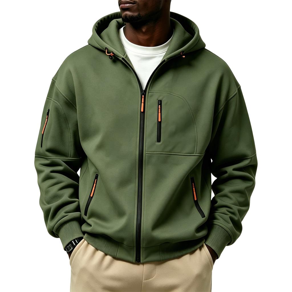 Men's Winter Color Hooded Zip-Up Sweatshirt with - Pockets for Daily Wear