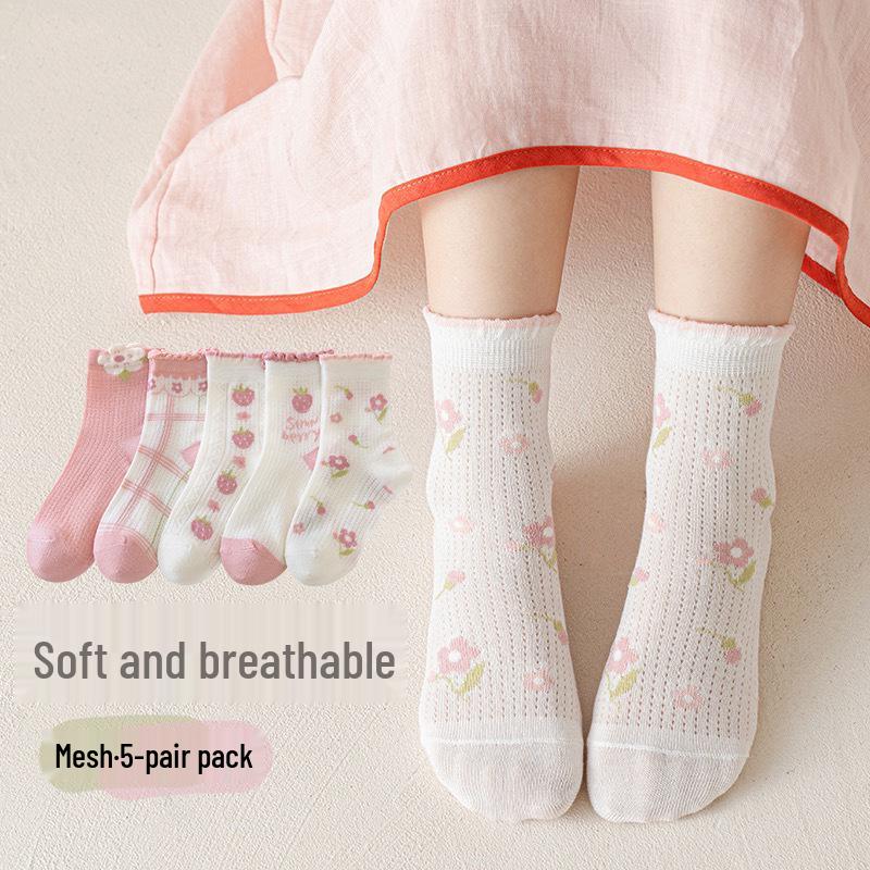 Girls' Spring & Summer Lace Mesh Cotton Mid-Calf Socks