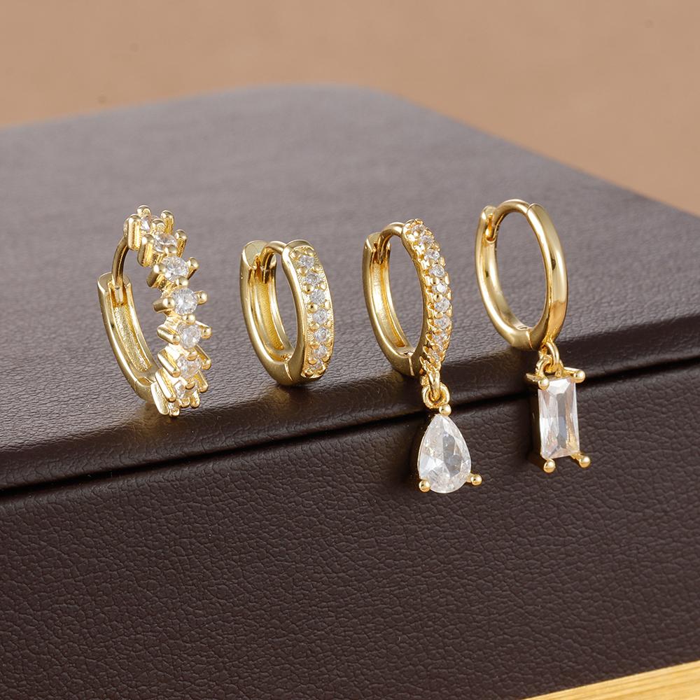 

4pcs Korean Stainless Steel Zircon Water Drop Piercing Earrings Set For Women Simple Huggie Square Hoop Earring Fashion Jewelry