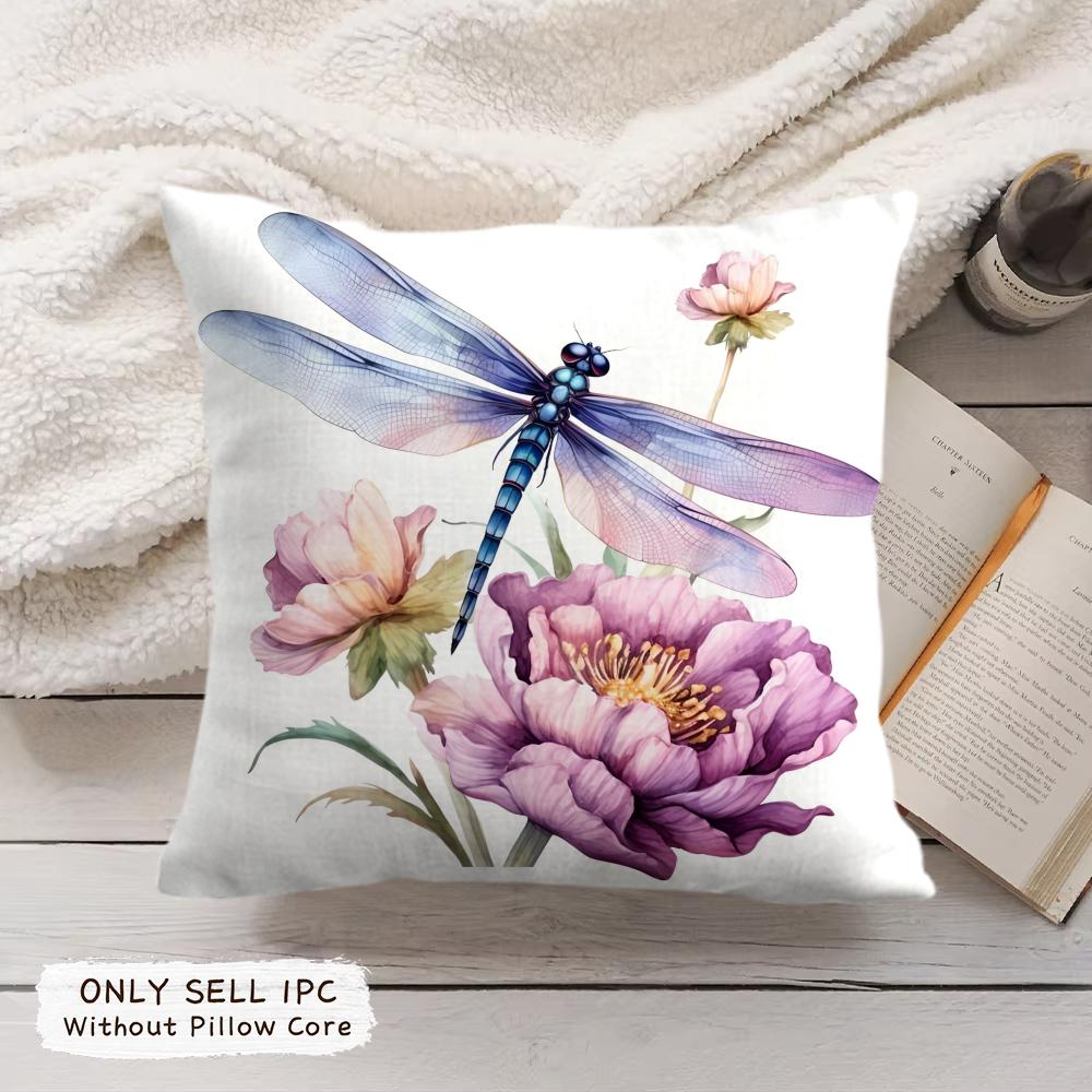 Dragonfly And Flower Cushion Cover Soft Short Plush Pillow Cover Smooth Cozy Texture Aesthetic Cushion Case Home Decor