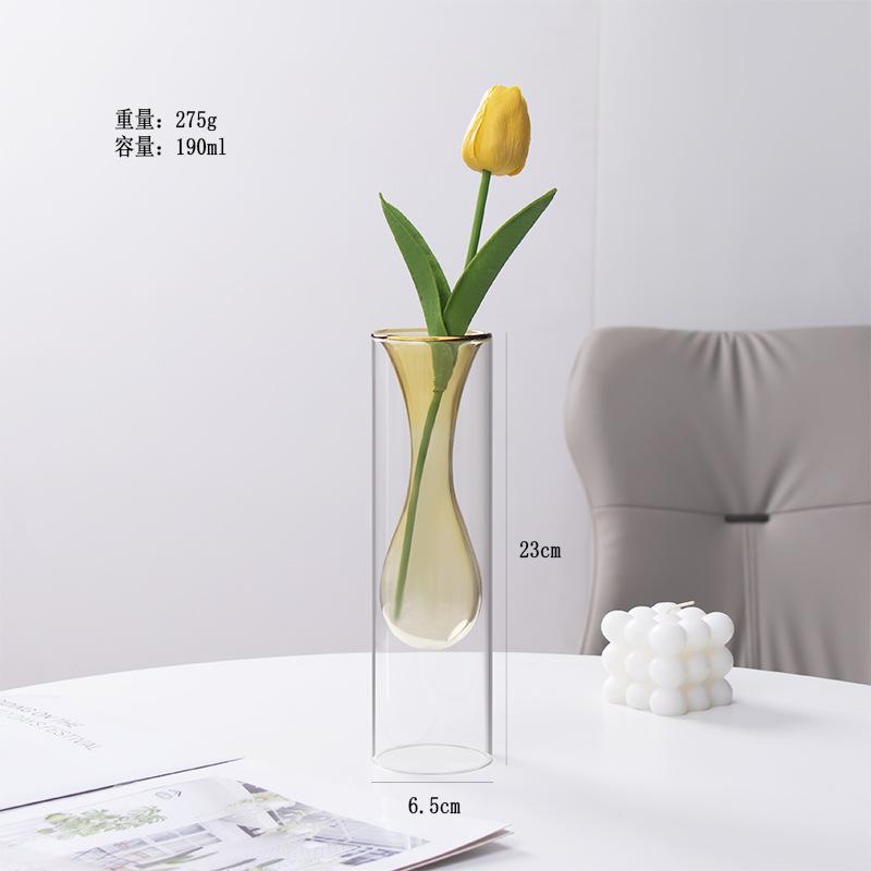 Hot Sell Colored Glass Vase Double Layered Nordic Flameless Rattan Aroma Bottle High Borosilicate Living Room Flower Arrangement