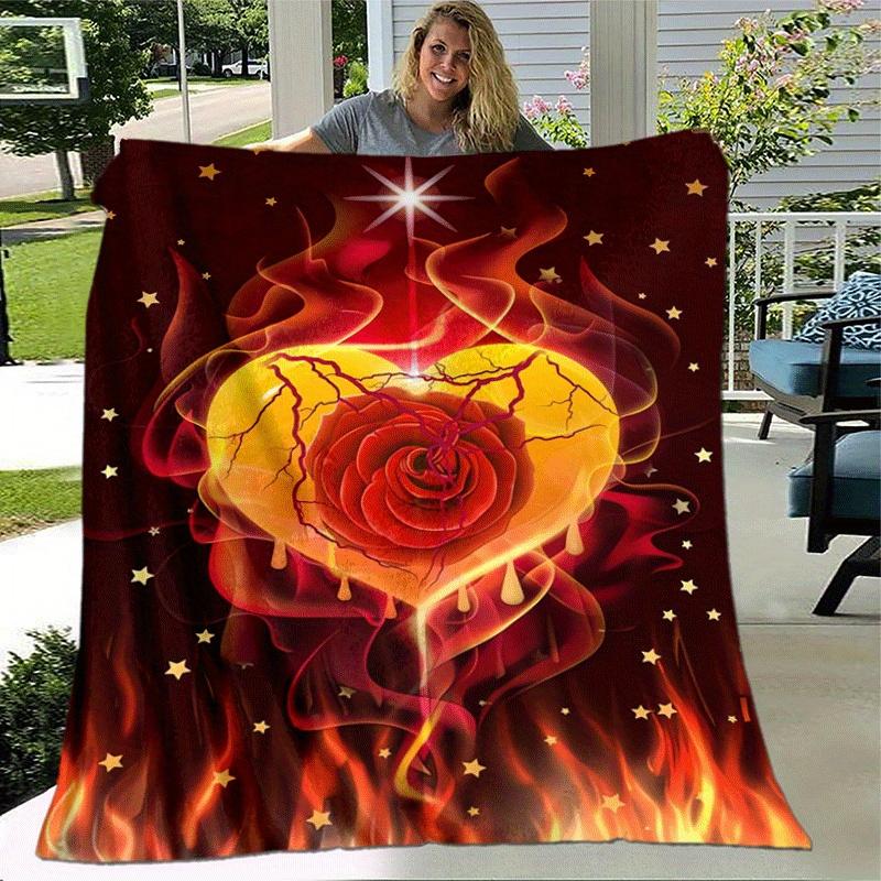1pc Rose Flame Printing Lightweight Flannel Blanket, Comfortable and Warm Blanket, for Camping Sofa Bed and Couch Office, Gift