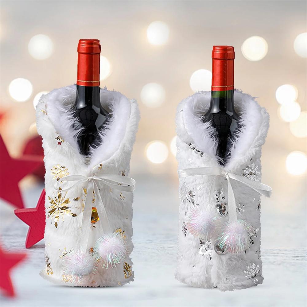 Christmas Faux Fur Wine Bottle Covers Xmas White Plush Wine Bottle Bags for Winter Holiday Party Bottle Decorations