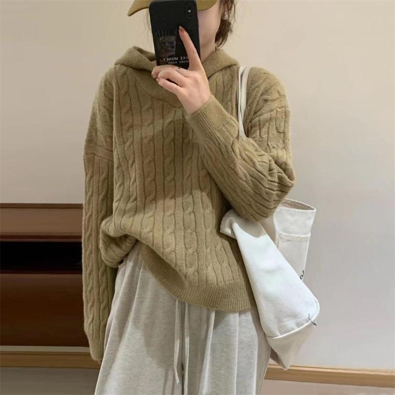Hooded Twist Knitted Sweater Top Women's Clothing Autumn and Winter New Casual Versatile Loose Pullover Sweater Women