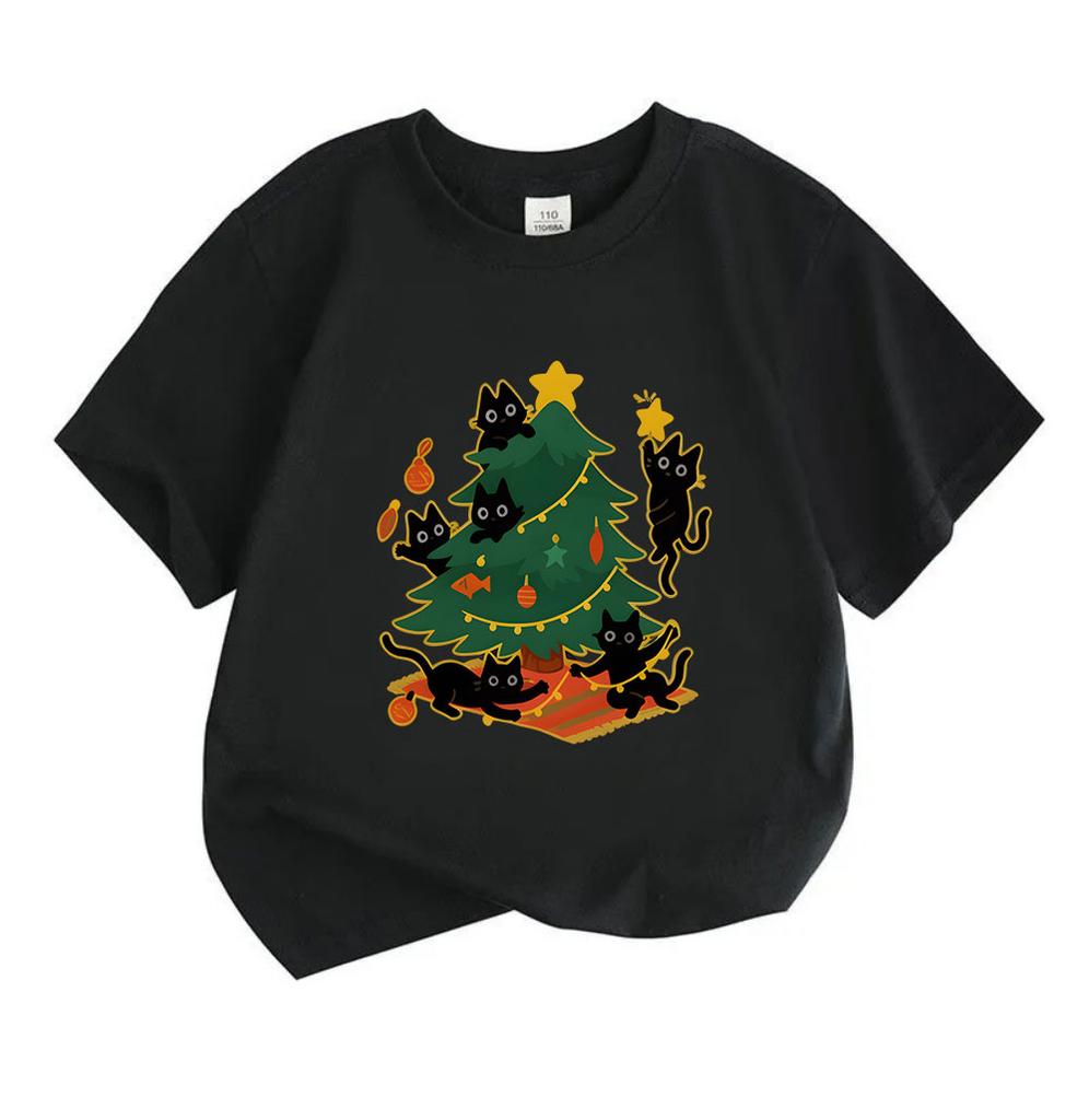 Kids Boys Girls 100% Cotton Crew Neck Short Sleeve T-Shirt, Funny Black Cats Decorating Christmas Tree Pattern Casual Xmas Tee for Children