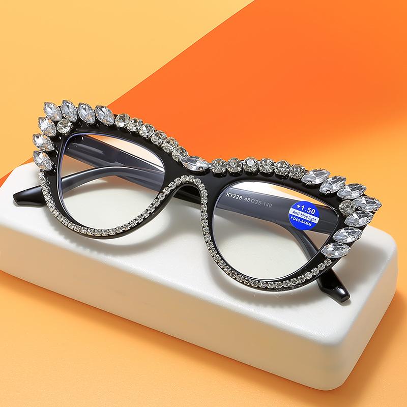 Personalized Cat Eye Reading Glasses Trendy Diamond Inlaid Presbyopia Eyewear  Women Anti Blue Light Far Sight Glasses