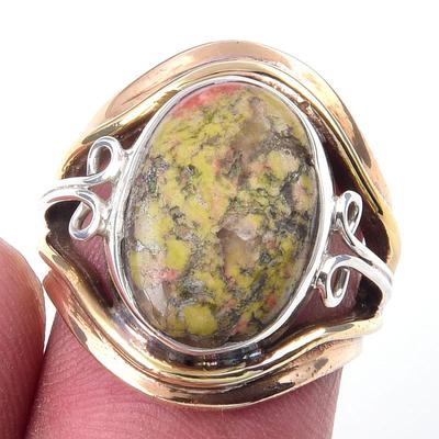 Natural Unakite Gemstone Handmade 925 Sterling Silver Two Tone Ring Size 5 K4d62
