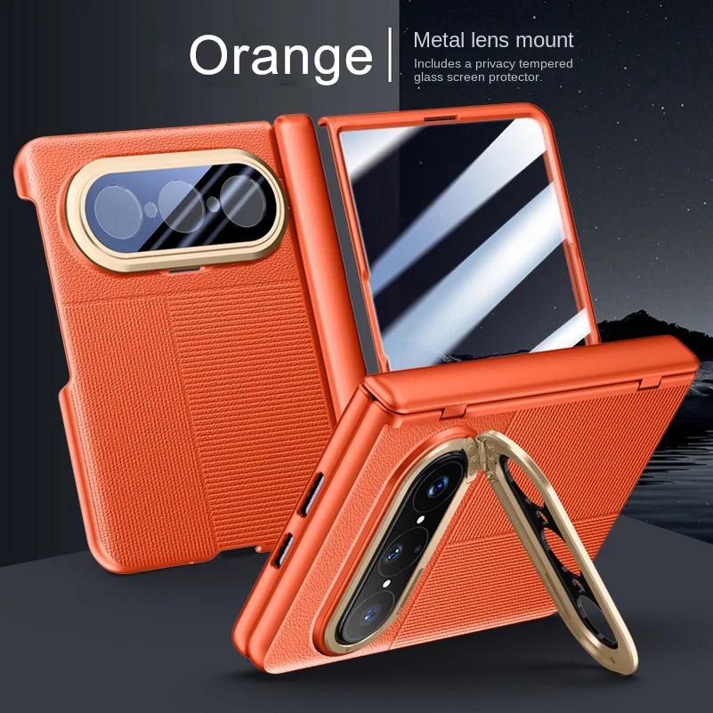 Leather Spring Hinged Lens Camera Holder Stand Case For Huawei Pura X Max With Screen Tempered Glass Protector Cover