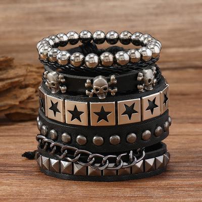 Fashion Pu Leather Bracelet With Rivets, Hip-Hop Skull Rock Bracelet Set, Suitable For Daily Wear, Men'S And Women'S Party Wear