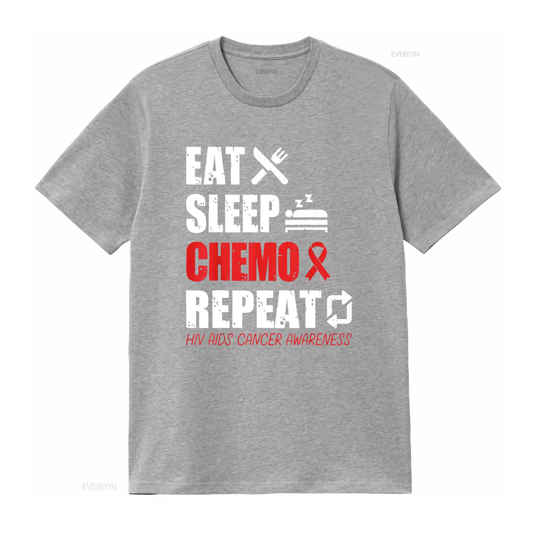 Womens Eat Sleep Chemo Repeat Red Ribbon HIV AIDS Cancer Awareness T Shirt Black vintage Washed Top For Everyday Wear Stylish S