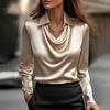 Champagne Gold Silk Blouse with Stacked Neckline, Elegant Women's Shirt In Multiple Colors