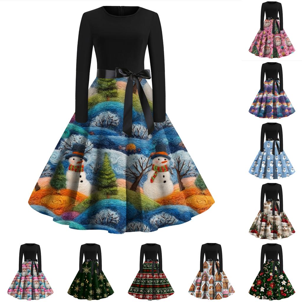 Women's Fashion Casual Round Neck Christmas Print Long Sleeve Dress
