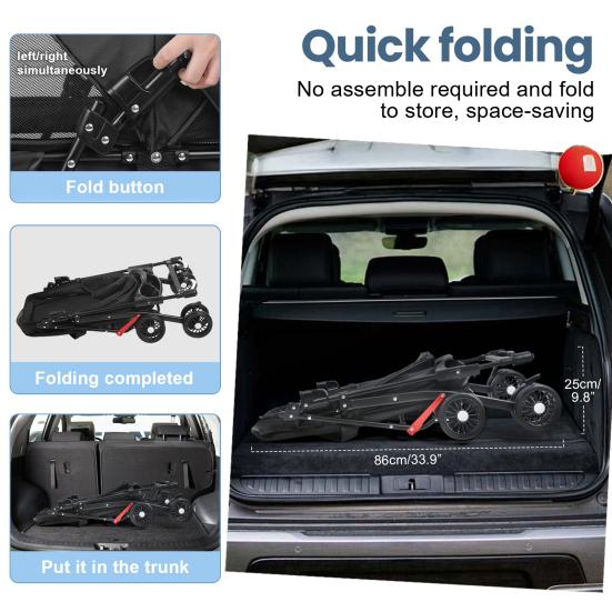 4 Wielen Hondenbuggy Opvouwbare Reis Hond Jogging Buggy met Verstelbaar Handvat Ademend En Zichtbaar Gaas Bekerhouder voor Honden Katten Tot 10kg