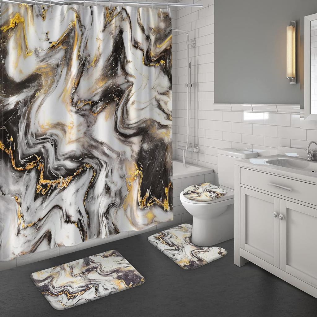 Marble Bathroom Sets With Shower Curtain And Rugs And Accessories, Abstract Grey Gold White, Modern, Gray Bathroom Decor Set