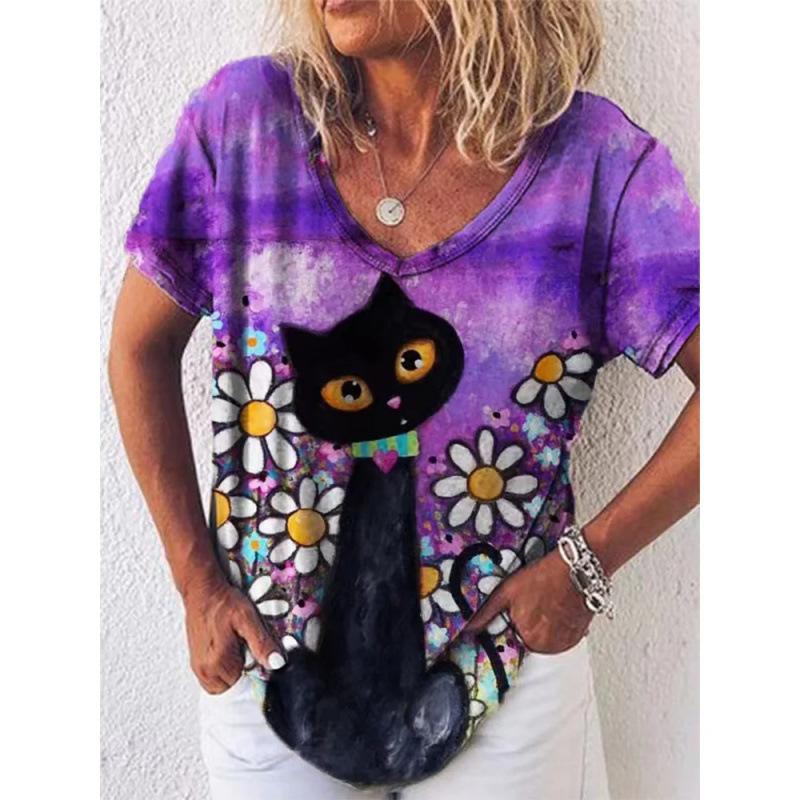 Summer V-neck 3D Cute Cat Printed Top Fashionable Casual Short Sleeved Women's T-shirts