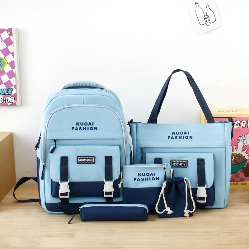 

Рюкзак Новая Мода Большая Вместимость Школьная Сумка Женский Рюкзак из Пяти Частей для Учеников Начальной Школы и Учеников Средней Школы синий