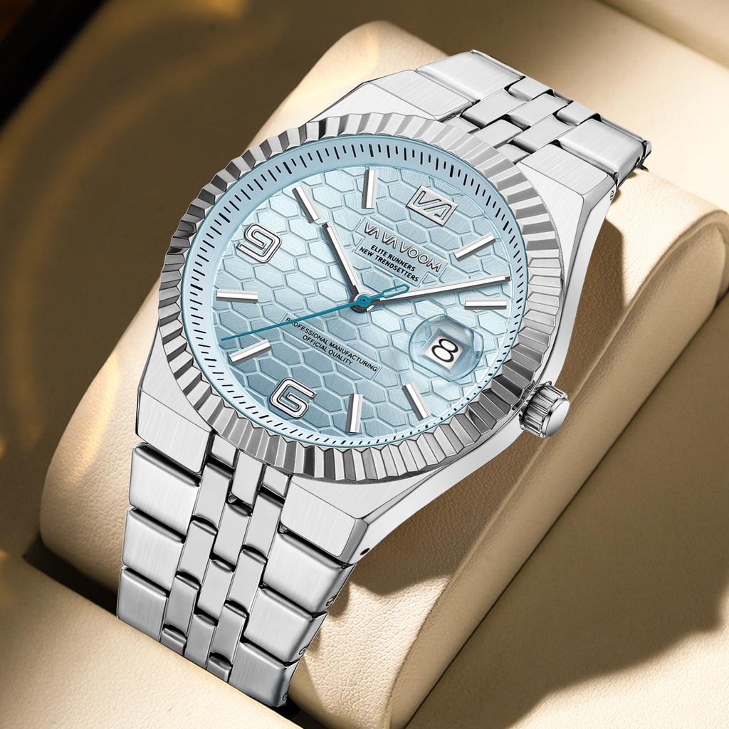 VA VA VOOM Men's Business Steel Belt Watch Honeycomb Texture Waterproof Luminous Watch High Value Calendar Watch