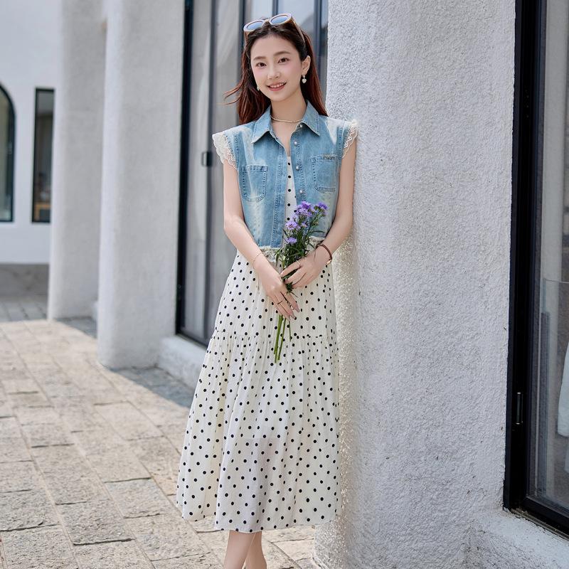 Women's Retro Denim Jacket & Polka Dot Slip Dress Set - 2025 Summer Fashion N66101