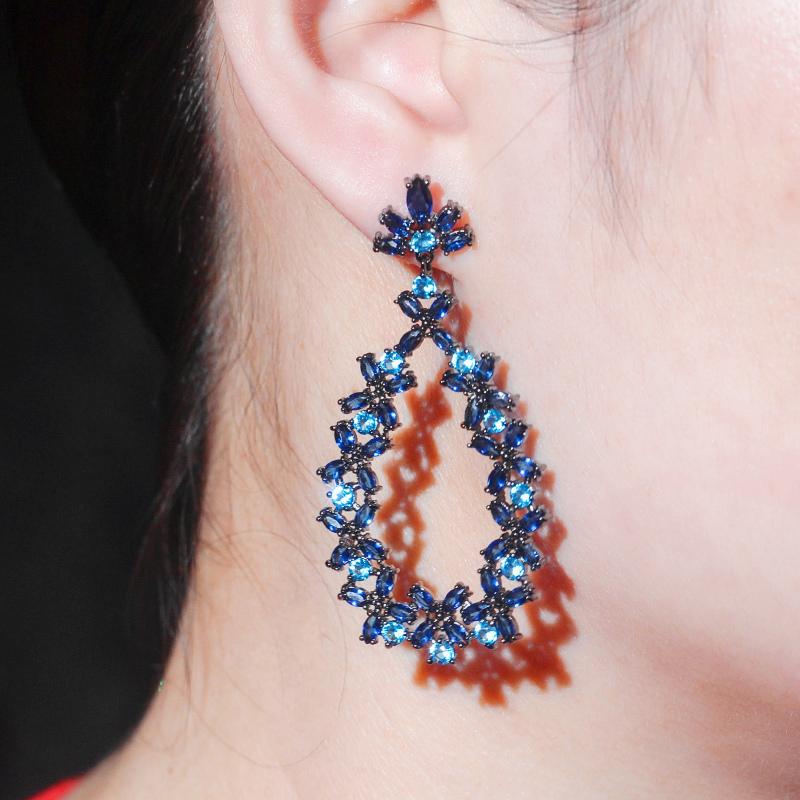 WWJ Black Golden Color Sparkly Sapphire CZ Zircon Cluster Flower Drop Earrings