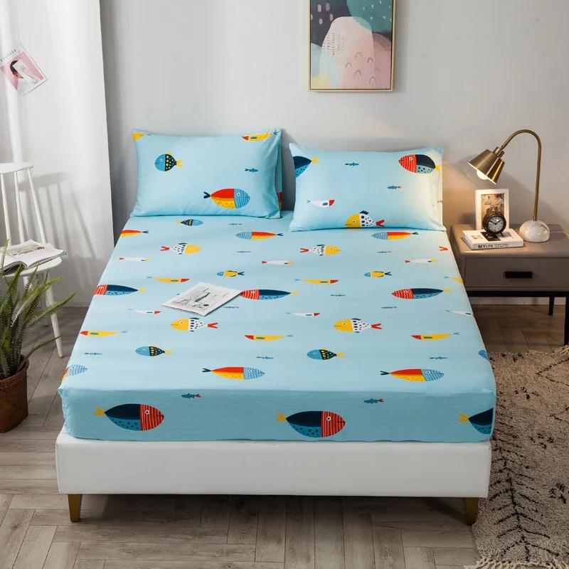 Pure Cotton Printed Fitted Sheet Only Non-Slip Protective Cover for Bedroom  (no Pillowcase)