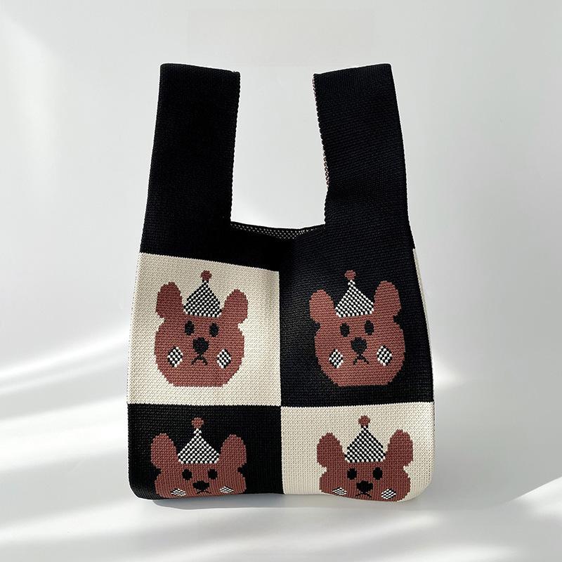 Niche Cute Bear Knitted Shoulder Tote Bag - Large Capacity for Students