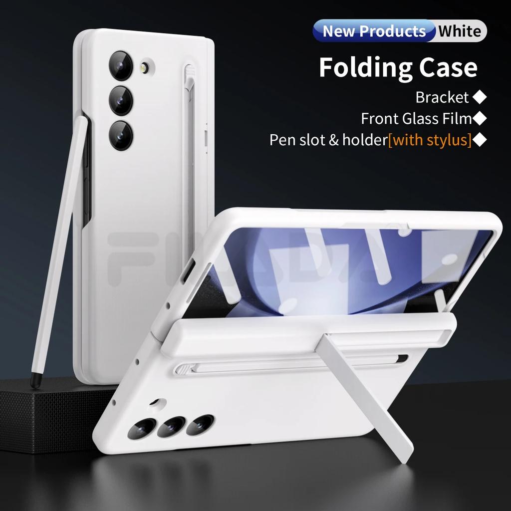 Skin Feel Matte for Samsung Galaxy Z Fold 6 5 4 3 Case with Tempered Film Pen Slot Capacitor Pen Folding Hinge Bracket Cover
