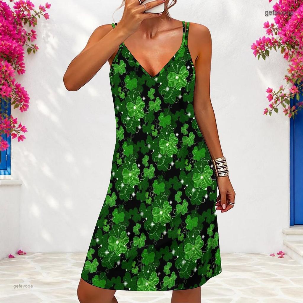 Women Plus Size V Neck Double Straps Sleeveless Color Block Printed Curved Hem Mini Dress