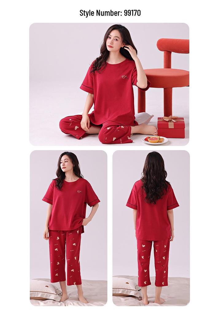 Women's Pure Cotton Pajama Set: Short Sleeve, Seven-Point Pants, Loose Fit, Built-In Bra Pads, Comfortable Home Wear.