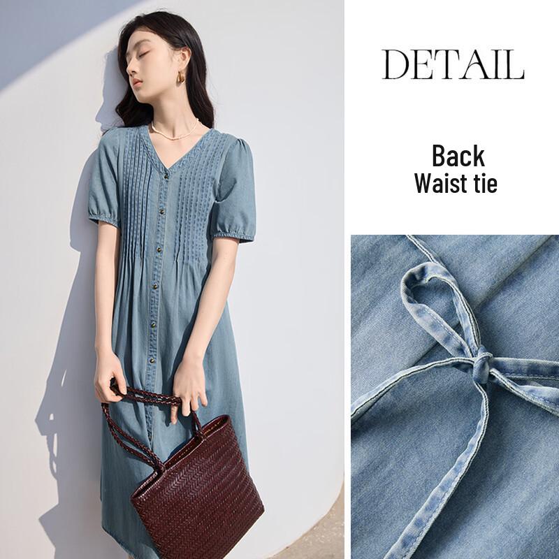 Xiangying Elegant French Style V-Neck Denim Midi Dress