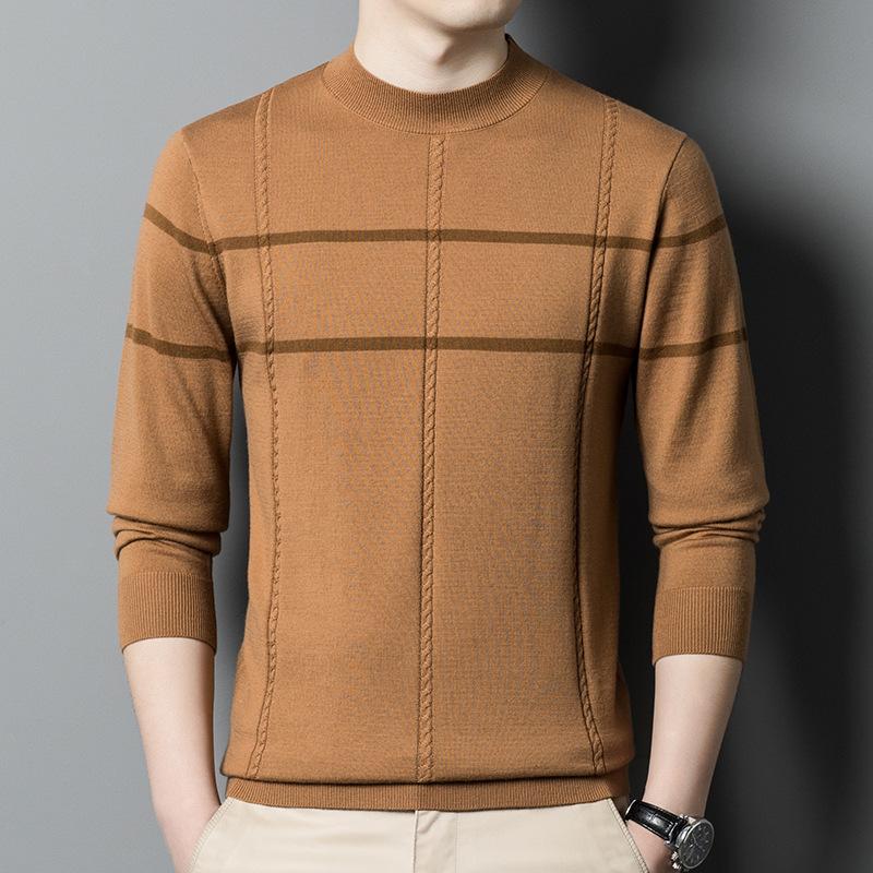 Neuer Wollpullover für Herren aus reiner Wolle, langärmelig, halbhoher Kragen, gestreifter Pullover mit Bodenbildung, Pullover mit Kammgarnmuster, Flut