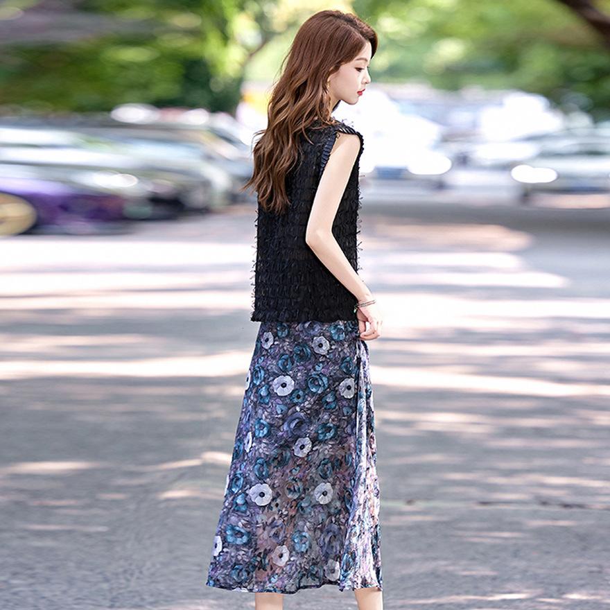 Fashion Suit Skirt Women's Summer New Fringed Sleeveless Top Slim Printed Skirt Two-piece Set