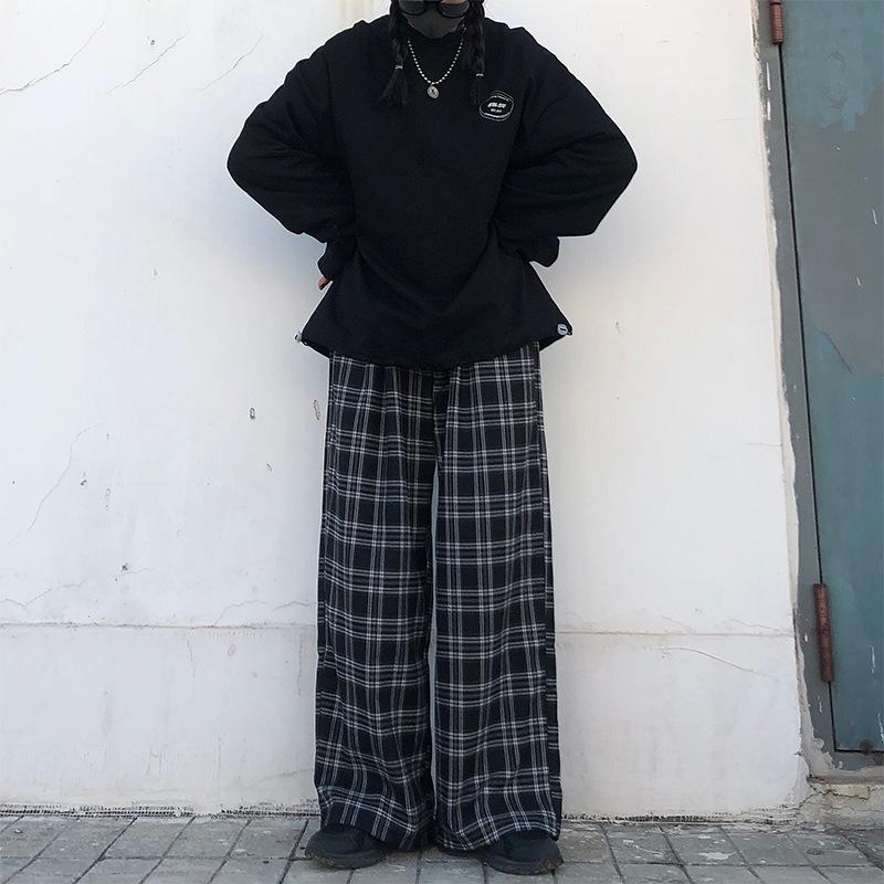 2024 Women's High Waist Plaid Pants - Korean Style, Casual, Wide Leg, Loose Fit for Spring and Autumn.