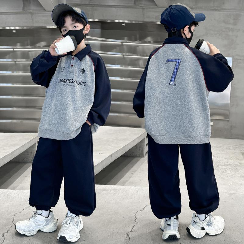 

Детский модный костюм для отдыха 2025 года, весенний костюм для мальчиков с красивой спортивной рубашкой-поло и капюшоном 170cm серый