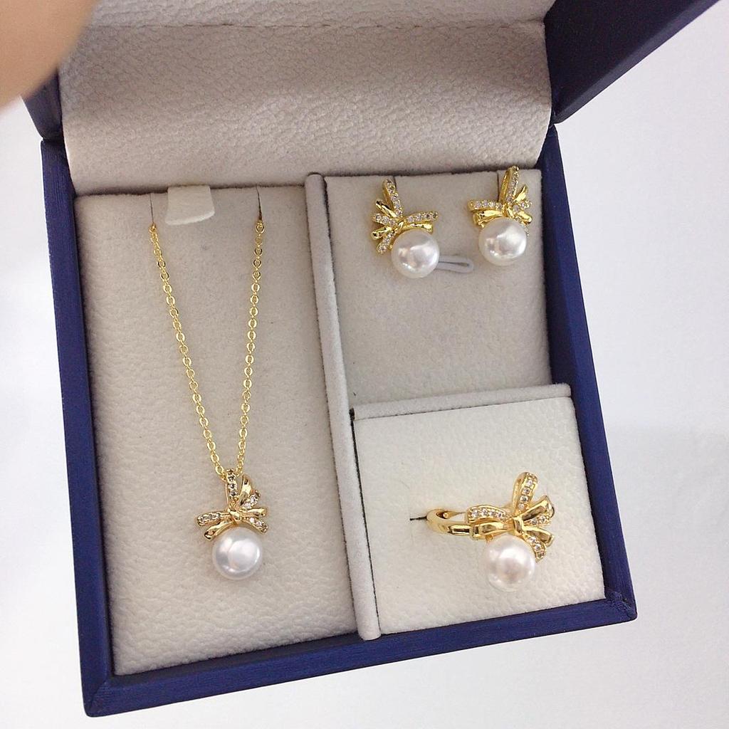 Pearl Set: Freshwater Pearl Pendant, Bow Stud Earrings, and Ring for Women