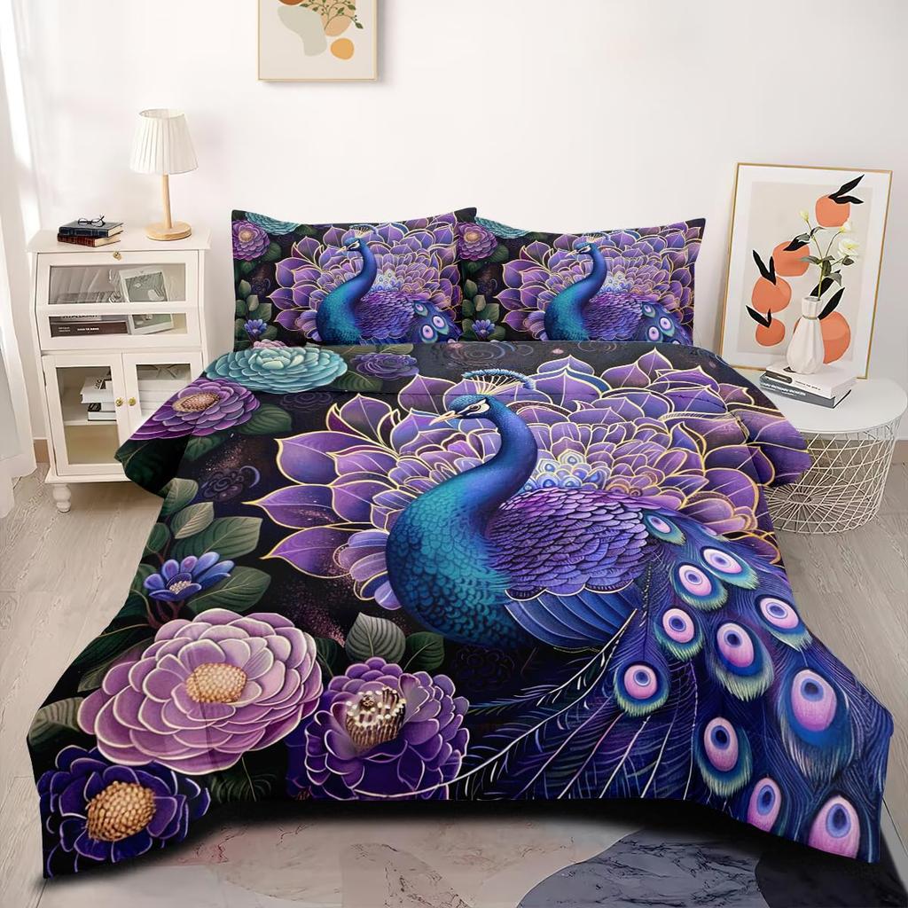 Peacock Duvet Cover Set Simple Peacock Feathers Pattern Queen Comforter Cover Girls Women 3 Piece Bedding Sets Bedroom Decor