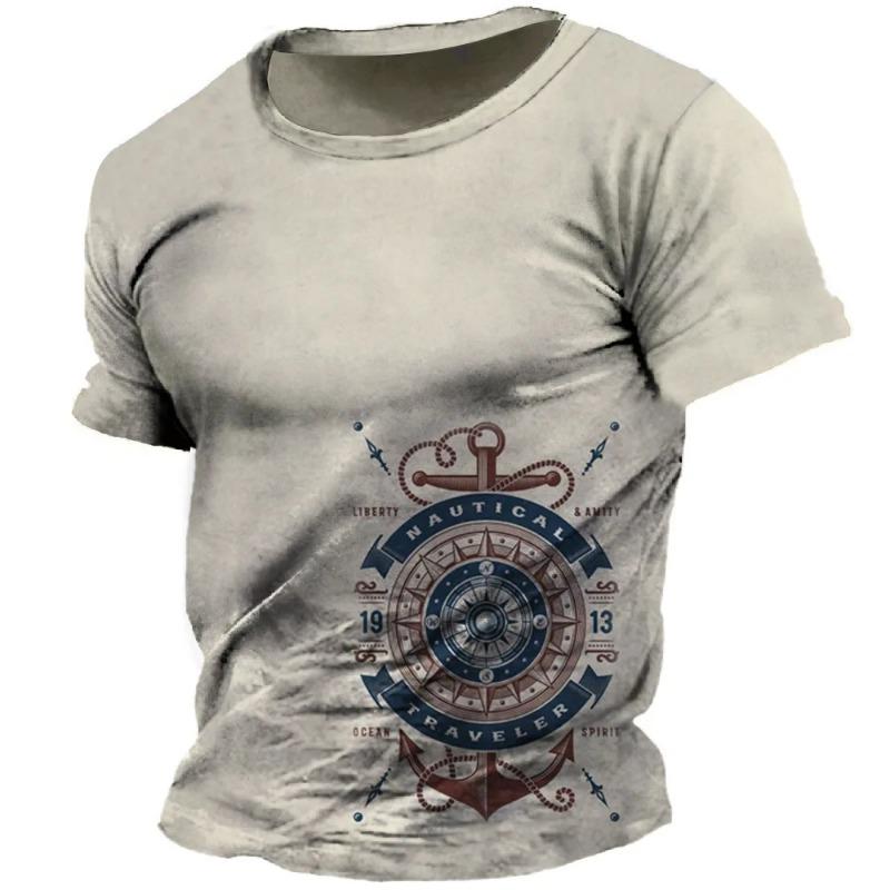 Vintage tričko pro muže 3D potisk navigace Kulatý výstřih Krátký rukáv Módní Hip Hop Streetwear Nadměrné tričko Pánské oblečení