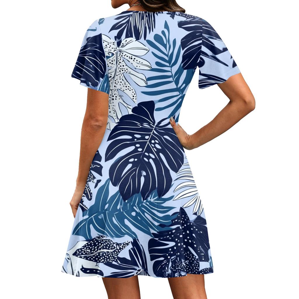Women's Casual Short Sleeve Dress V Neck Hawaiian Print Summer Beachwear Lightweight Comfortable Fit Above Knee Length