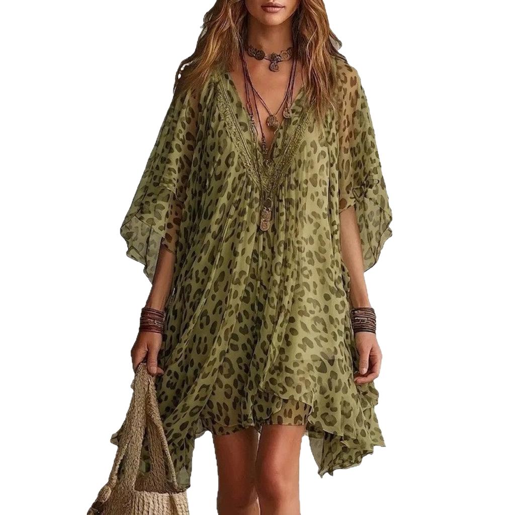 Women's Leopard Print V-Neck Loose Fit Beach Cover Up Dress for Summer Vacation