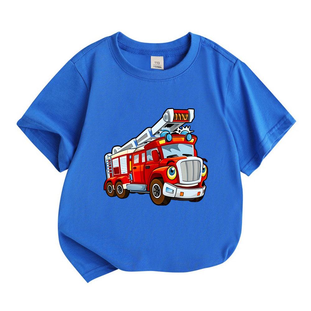 Kids Boys Girls Crew Neck Short Sleeve T-Shirt, 100% Cotton Casual Cute Cartoon Fire Truck Printed Soft Breathable Tee Top for Children Daily Wear